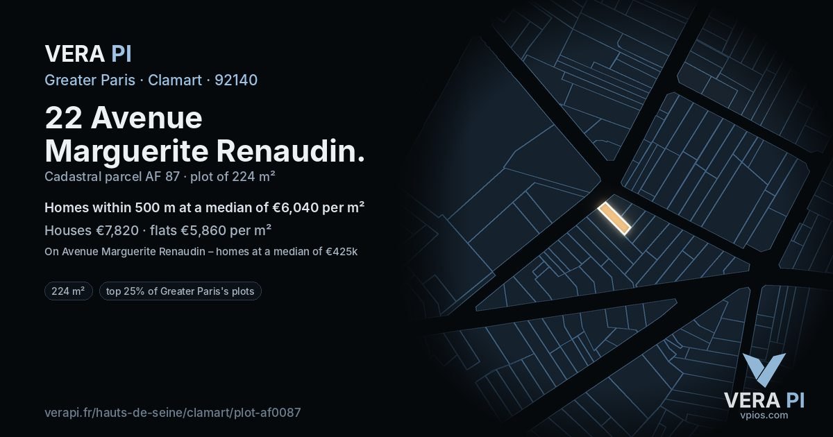 22 Avenue Marguerite Renaudin, Clamart at night – the plot lit, the parcels around coloured by the prices near them
