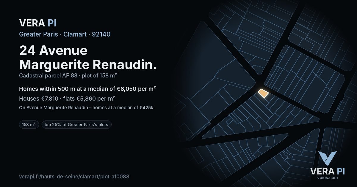 24 Avenue Marguerite Renaudin, Clamart at night – the plot lit, the parcels around coloured by the prices near them