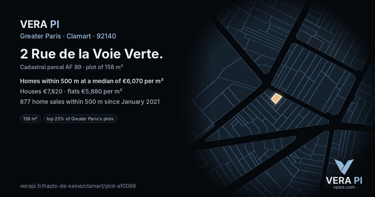 2 Rue de la Voie Verte, Clamart at night – the plot lit, the parcels around coloured by the prices near them