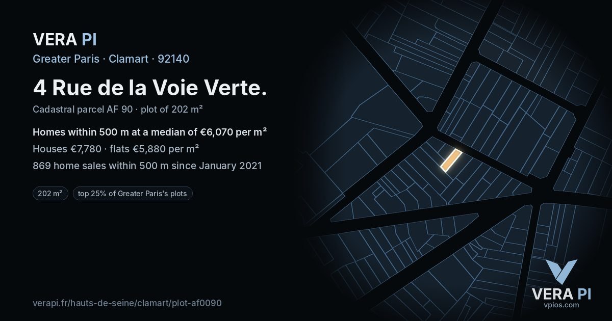 4 Rue de la Voie Verte, Clamart at night – the plot lit, the parcels around coloured by the prices near them