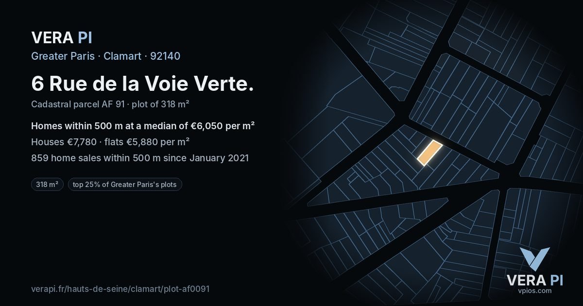 6 Rue de la Voie Verte, Clamart at night – the plot lit, the parcels around coloured by the prices near them