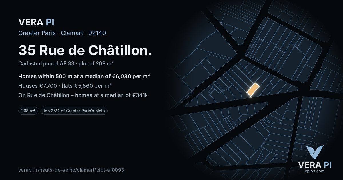 35 Rue de Châtillon, Clamart at night – the plot lit, the parcels around coloured by the prices near them