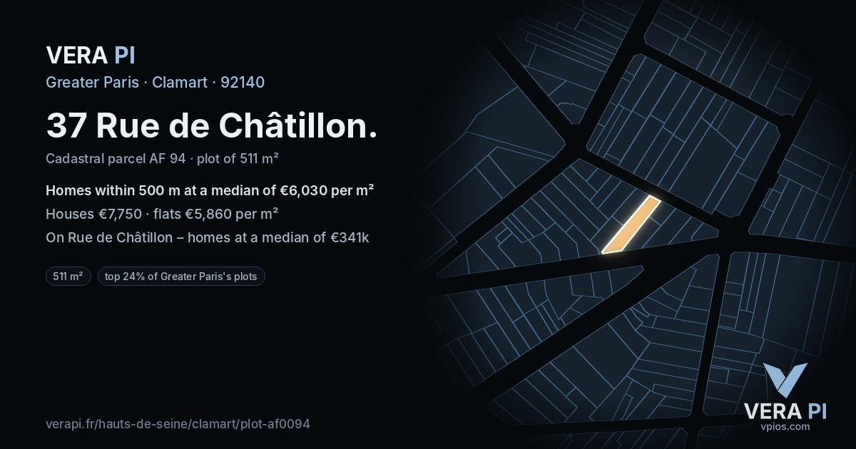 37 Rue de Châtillon, Clamart at night – the plot lit, the parcels around coloured by the prices near them