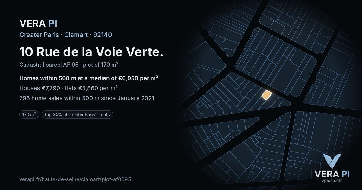 10 Rue de la Voie Verte, Clamart at night – the plot lit, the parcels around coloured by the prices near them