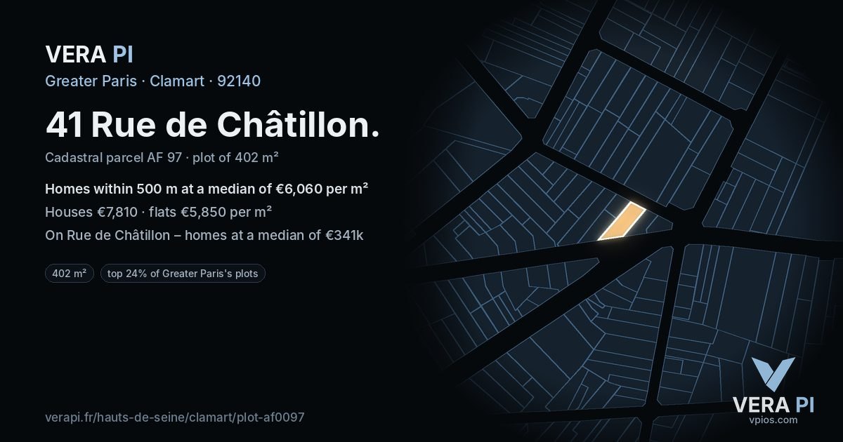 41 Rue de Châtillon, Clamart at night – the plot lit, the parcels around coloured by the prices near them