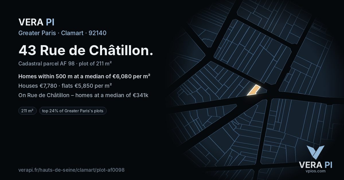 43 Rue de Châtillon, Clamart at night – the plot lit, the parcels around coloured by the prices near them