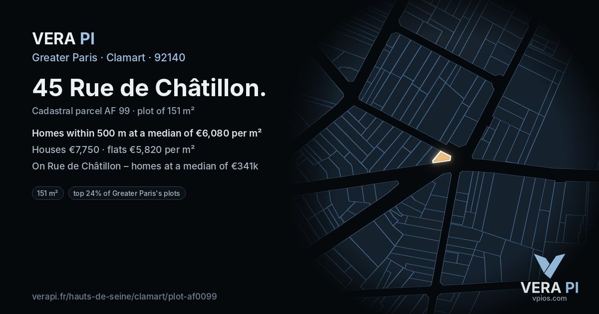 45 Rue de Châtillon, Clamart at night – the plot lit, the parcels around coloured by the prices near them