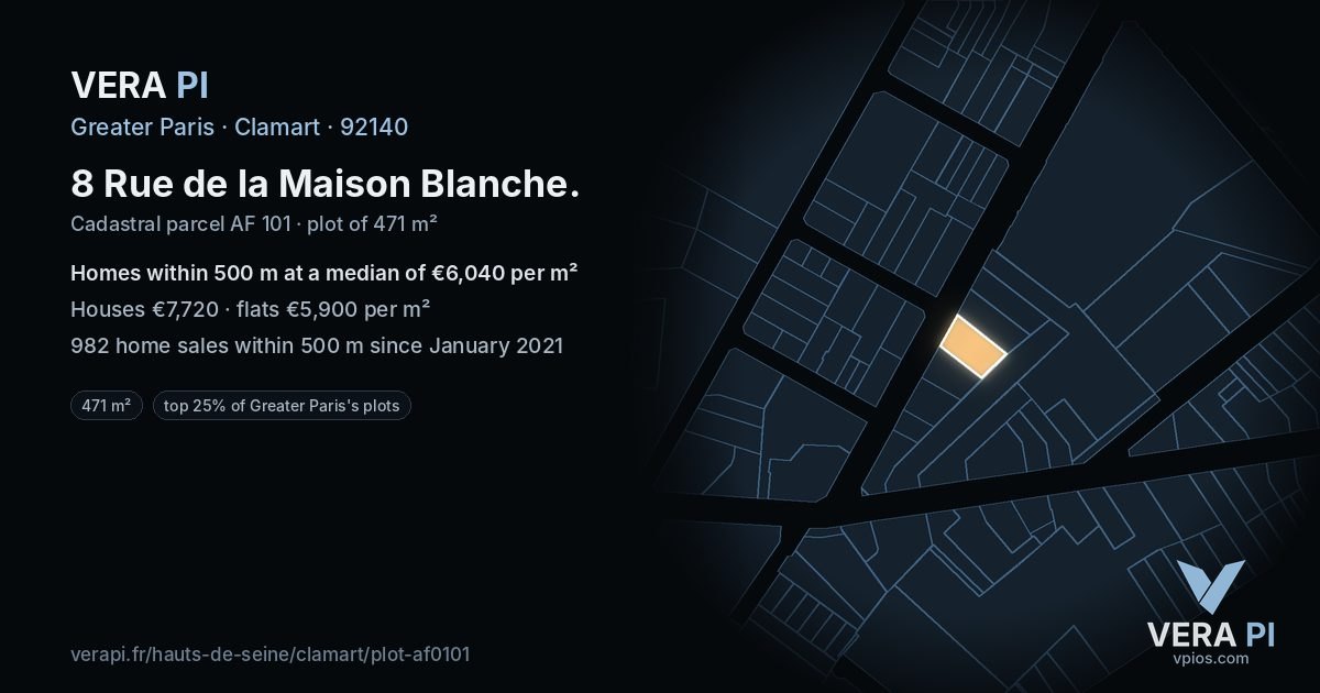 8 Rue de la Maison Blanche, Clamart at night – the plot lit, the parcels around coloured by the prices near them