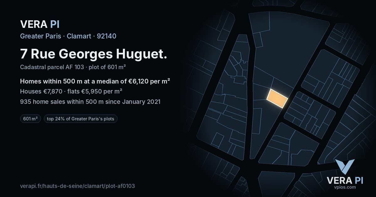 7 Rue Georges Huguet, Clamart at night – the plot lit, the parcels around coloured by the prices near them