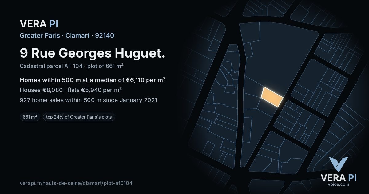 9 Rue Georges Huguet, Clamart at night – the plot lit, the parcels around coloured by the prices near them
