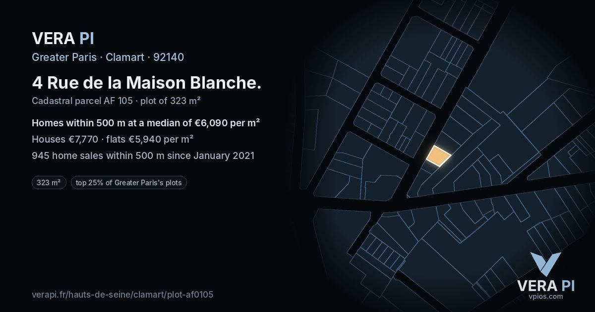 4 Rue de la Maison Blanche, Clamart at night – the plot lit, the parcels around coloured by the prices near them