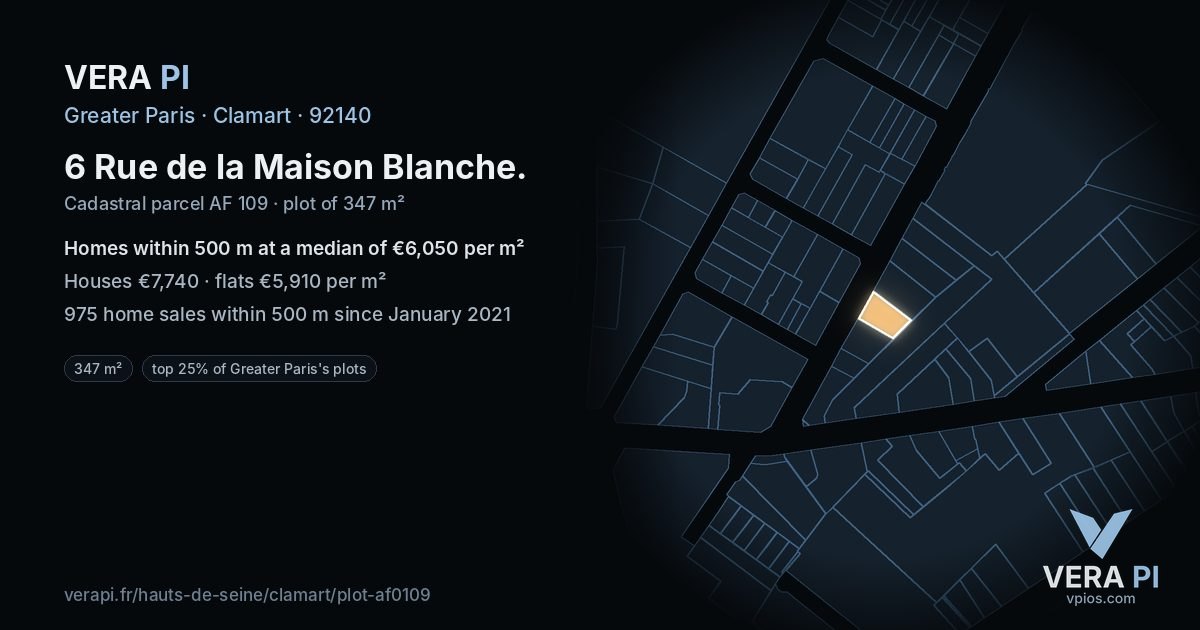 6 Rue de la Maison Blanche, Clamart at night – the plot lit, the parcels around coloured by the prices near them