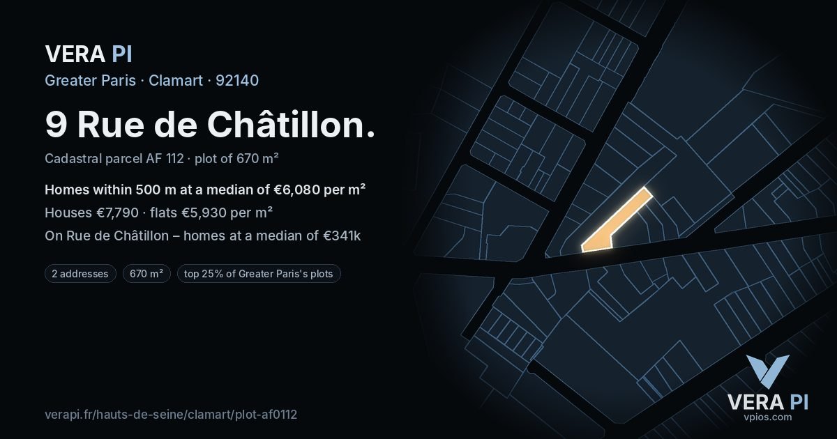 9 Rue de Châtillon, Clamart at night – the plot lit, the parcels around coloured by the prices near them