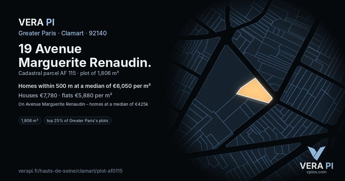19 Avenue Marguerite Renaudin, Clamart at night – the plot lit, the parcels around coloured by the prices near them