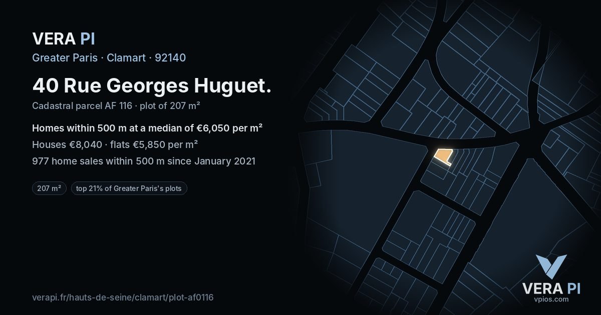 40 Rue Georges Huguet, Clamart at night – the plot lit, the parcels around coloured by the prices near them