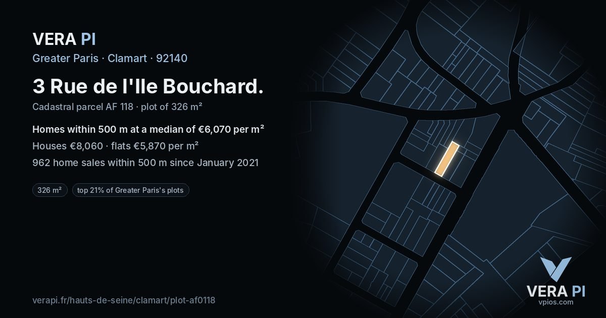 3 Rue de l'Ile Bouchard, Clamart at night – the plot lit, the parcels around coloured by the prices near them