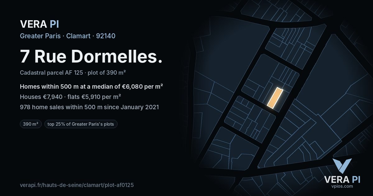 7 Rue Dormelles, Clamart at night – the plot lit, the parcels around coloured by the prices near them