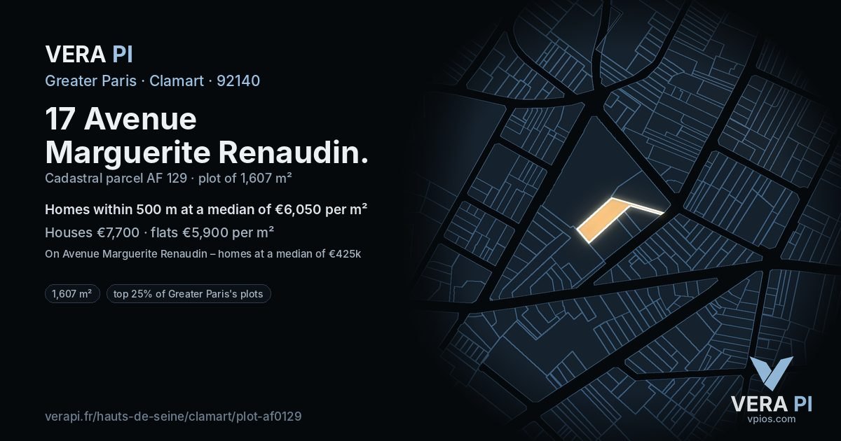 17 Avenue Marguerite Renaudin, Clamart at night – the plot lit, the parcels around coloured by the prices near them