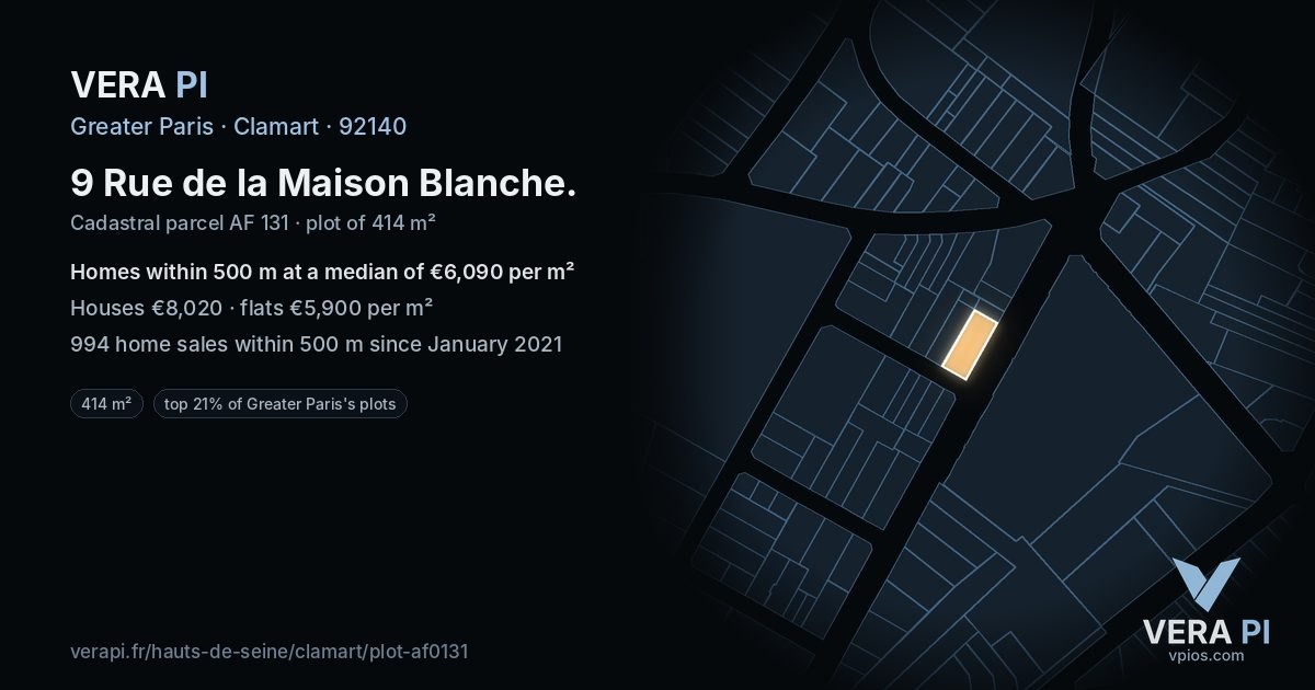 9 Rue de la Maison Blanche, Clamart at night – the plot lit, the parcels around coloured by the prices near them