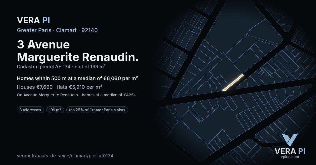 3 Avenue Marguerite Renaudin, Clamart at night – the plot lit, the parcels around coloured by the prices near them