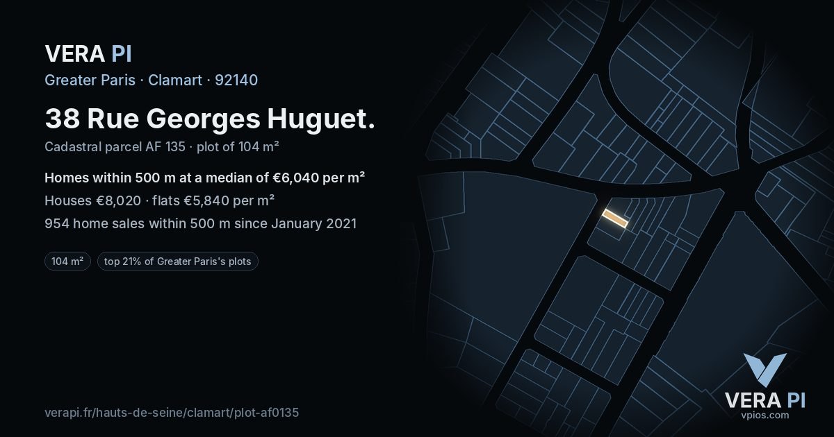 38 Rue Georges Huguet, Clamart at night – the plot lit, the parcels around coloured by the prices near them