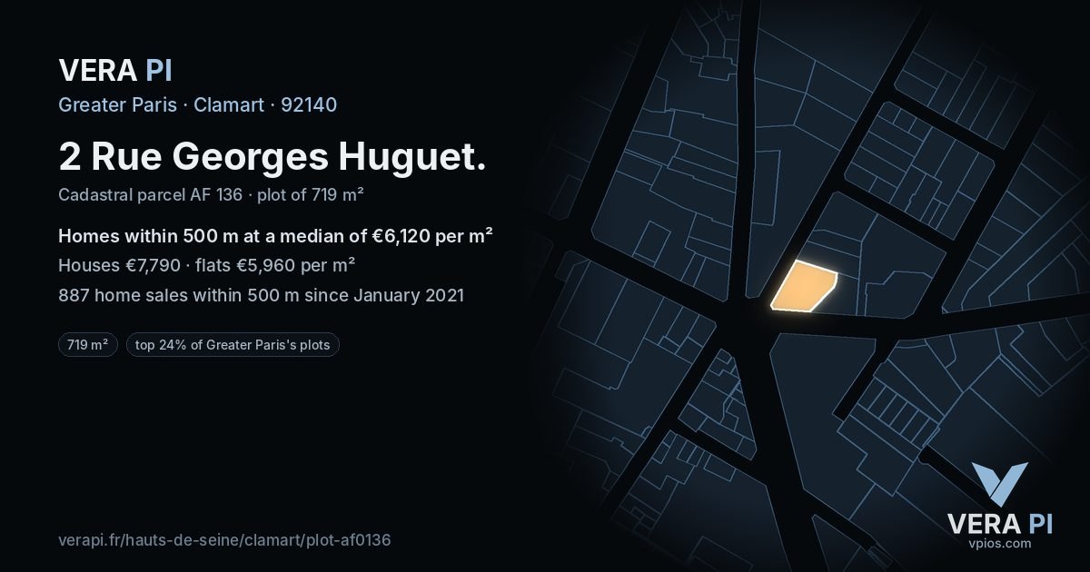 2 Rue Georges Huguet, Clamart at night – the plot lit, the parcels around coloured by the prices near them