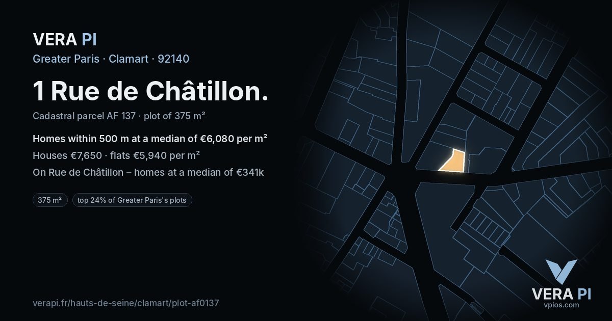 1 Rue de Châtillon, Clamart at night – the plot lit, the parcels around coloured by the prices near them