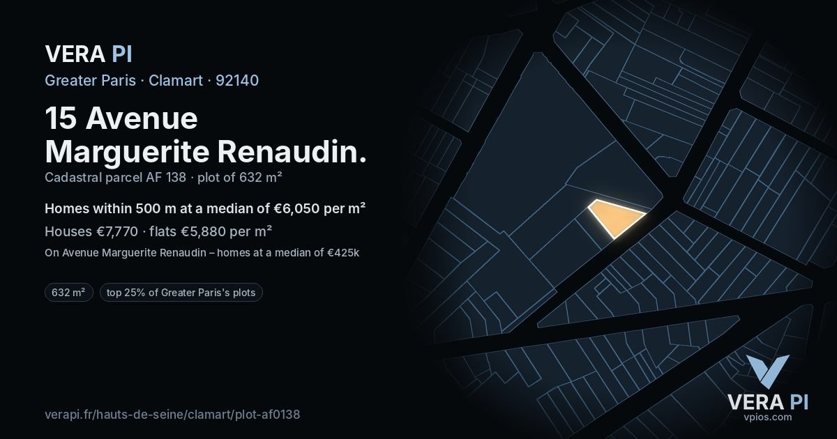 15 Avenue Marguerite Renaudin, Clamart at night – the plot lit, the parcels around coloured by the prices near them