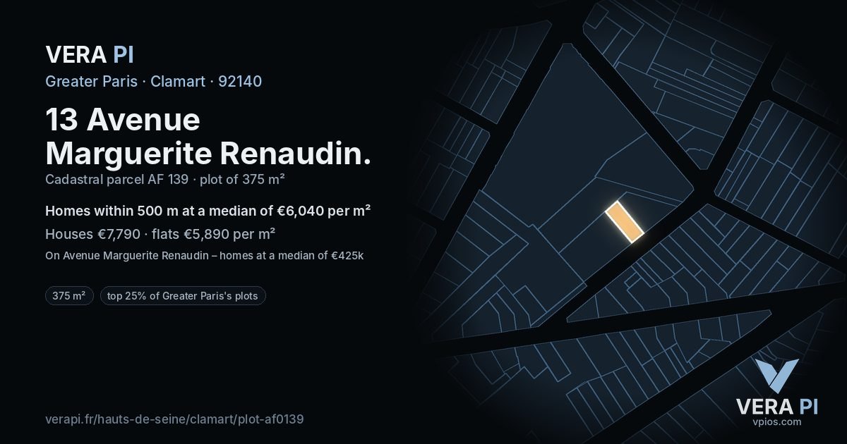 13 Avenue Marguerite Renaudin, Clamart at night – the plot lit, the parcels around coloured by the prices near them