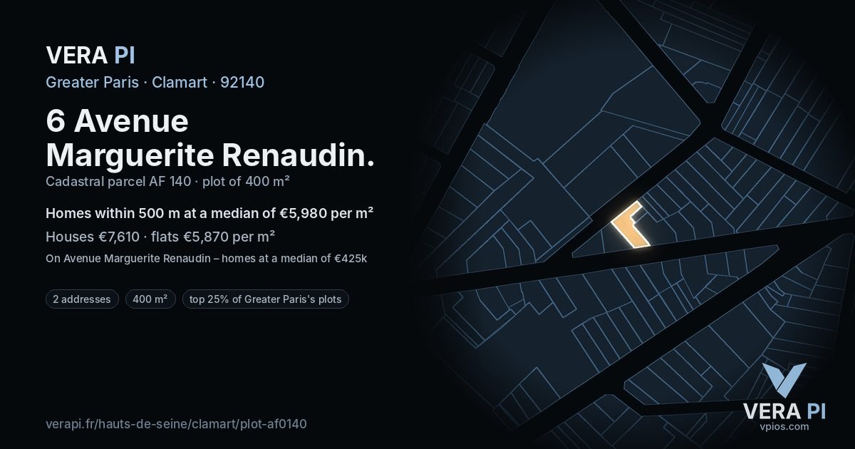 6 Avenue Marguerite Renaudin, Clamart at night – the plot lit, the parcels around coloured by the prices near them