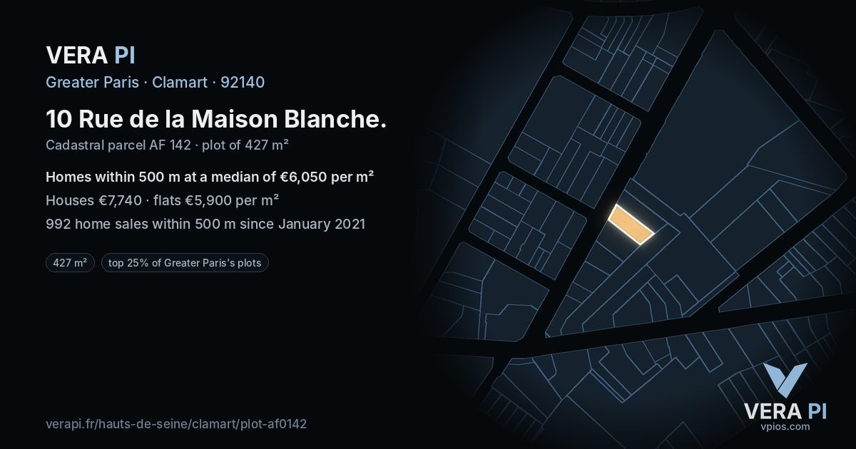 10 Rue de la Maison Blanche, Clamart at night – the plot lit, the parcels around coloured by the prices near them