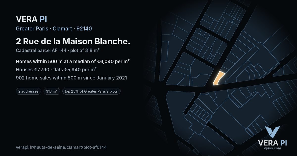 2 Rue de la Maison Blanche, Clamart at night – the plot lit, the parcels around coloured by the prices near them