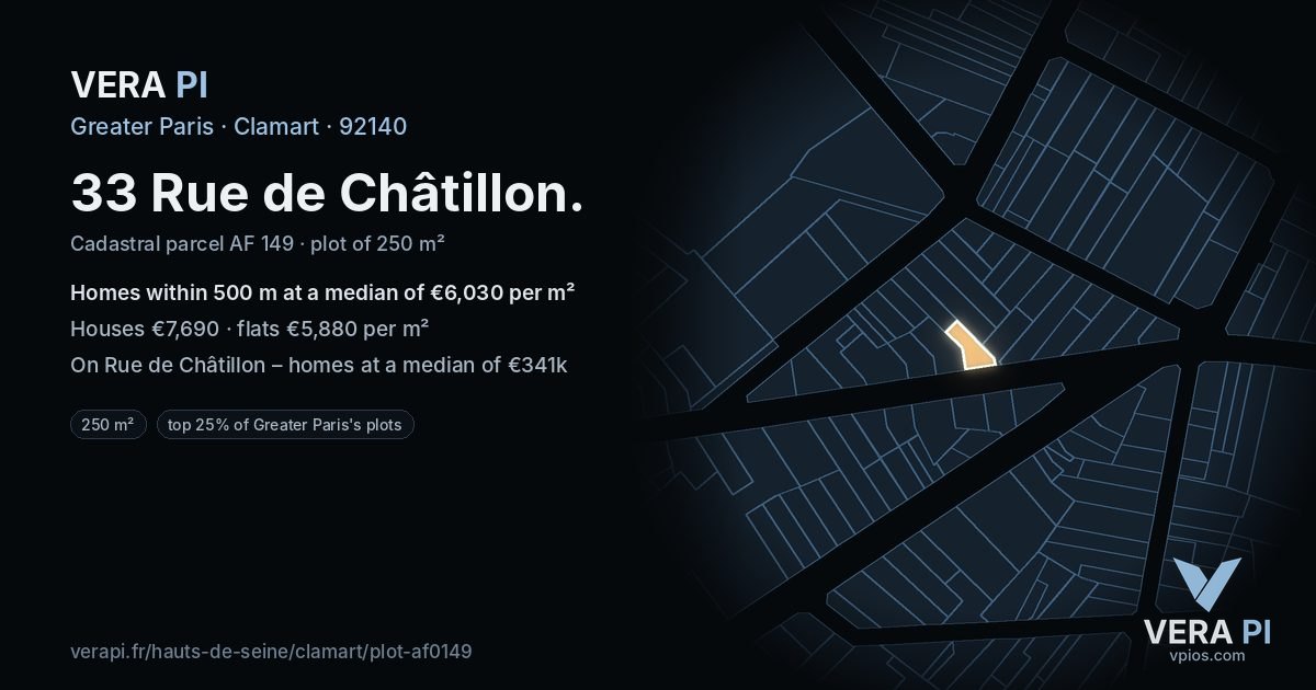 33 Rue de Châtillon, Clamart at night – the plot lit, the parcels around coloured by the prices near them