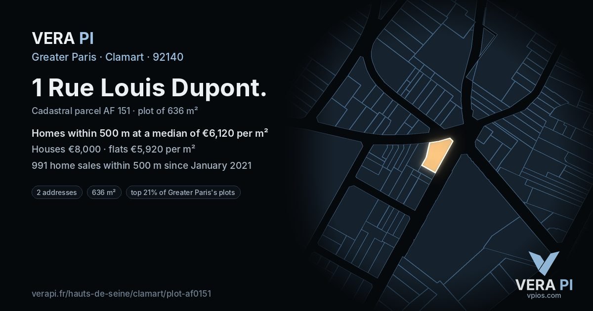 1 Rue Louis Dupont, Clamart at night – the plot lit, the parcels around coloured by the prices near them