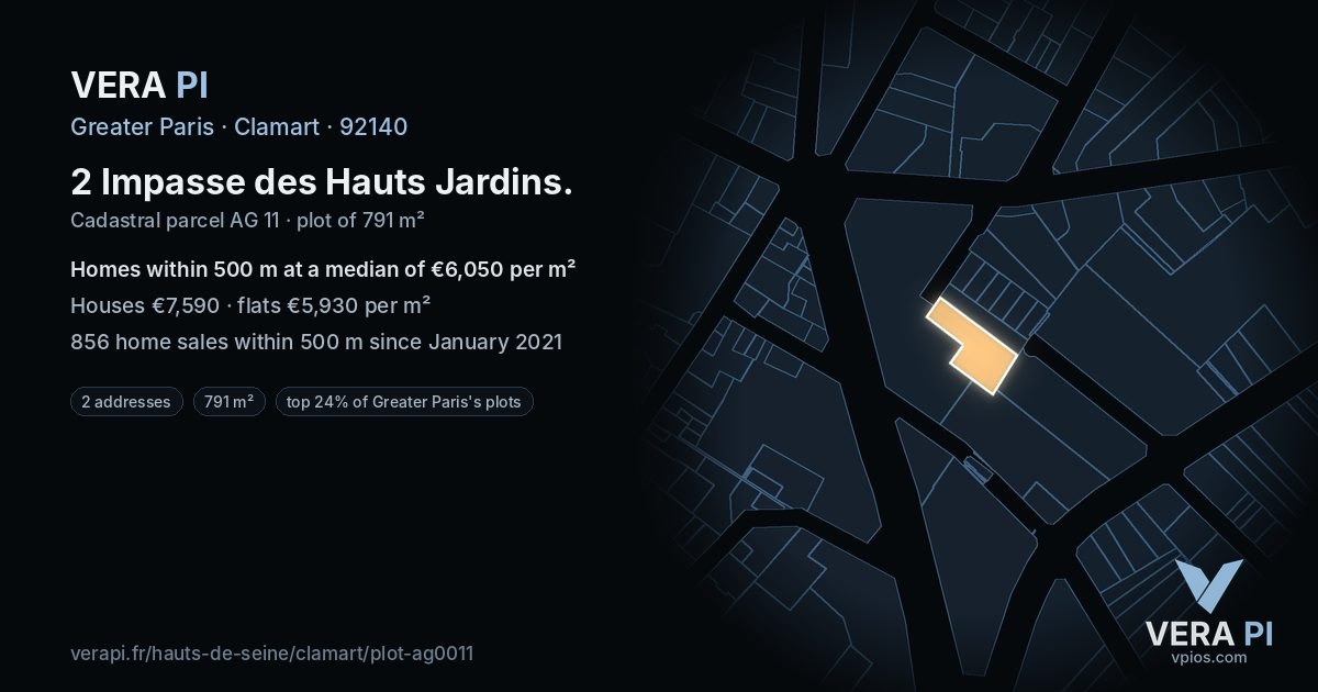 2 Impasse des Hauts Jardins, Clamart at night – the plot lit, the parcels around coloured by the prices near them