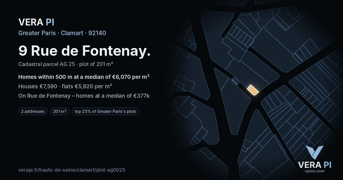 9 Rue de Fontenay, Clamart at night – the plot lit, the parcels around coloured by the prices near them