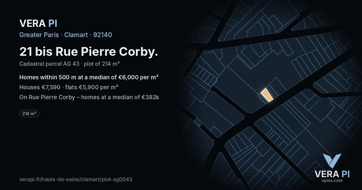 21 bis Rue Pierre Corby, Clamart at night – the plot lit, the parcels around coloured by the prices near them