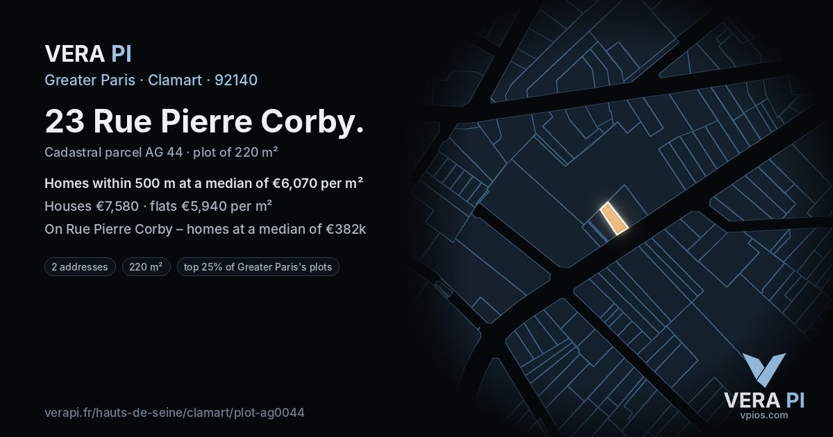 23 Rue Pierre Corby, Clamart at night – the plot lit, the parcels around coloured by the prices near them