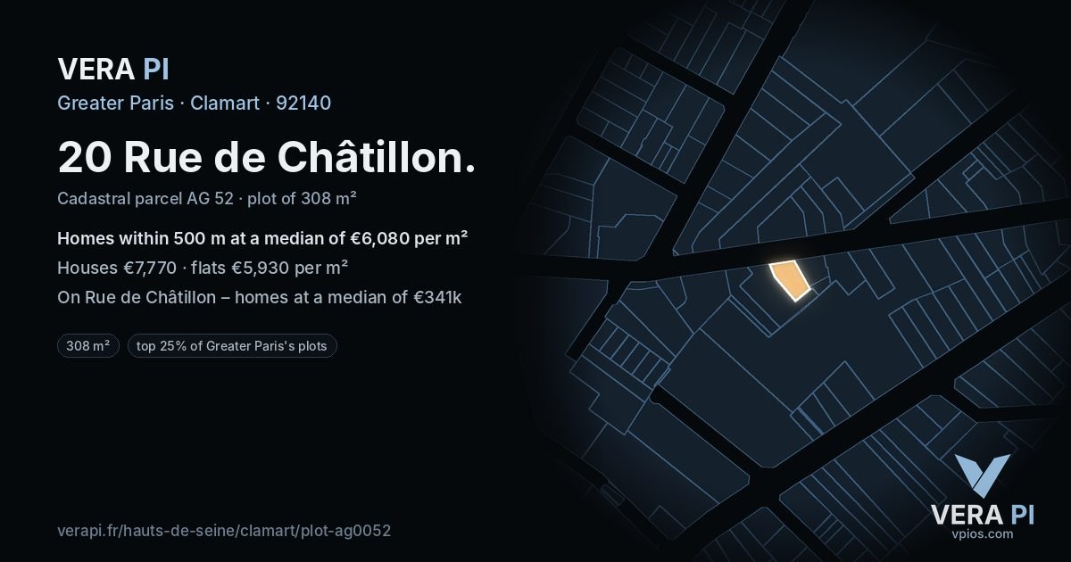 20 Rue de Châtillon, Clamart at night – the plot lit, the parcels around coloured by the prices near them