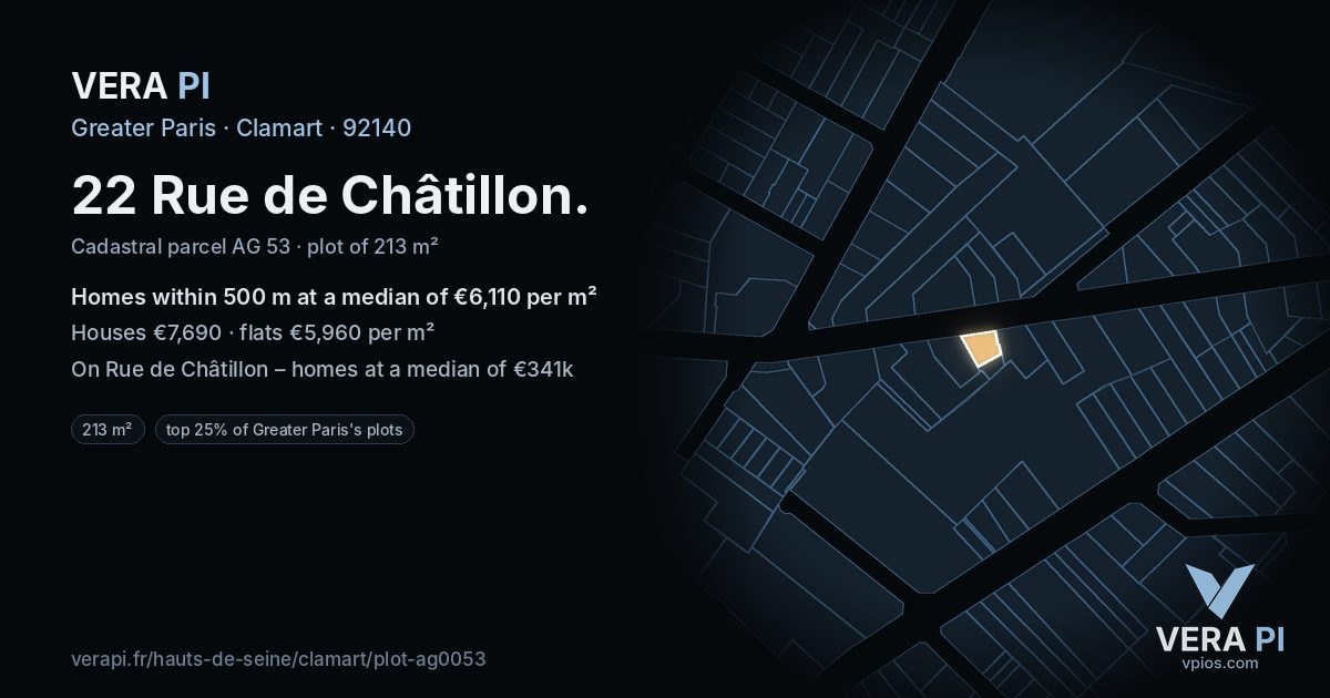 22 Rue de Châtillon, Clamart at night – the plot lit, the parcels around coloured by the prices near them