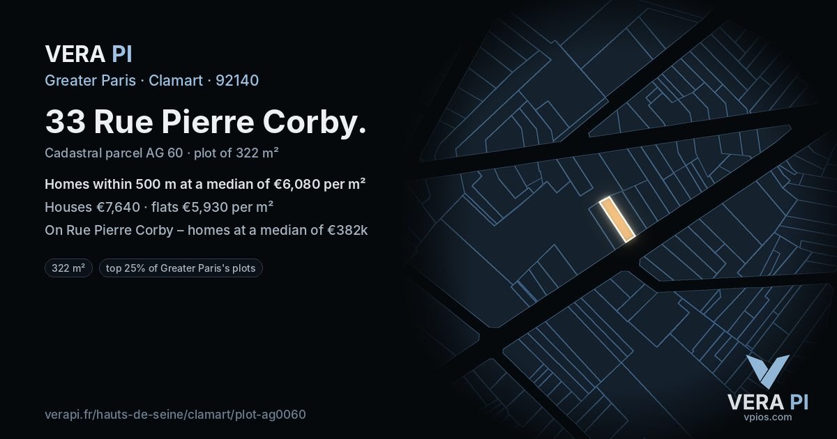 33 Rue Pierre Corby, Clamart at night – the plot lit, the parcels around coloured by the prices near them