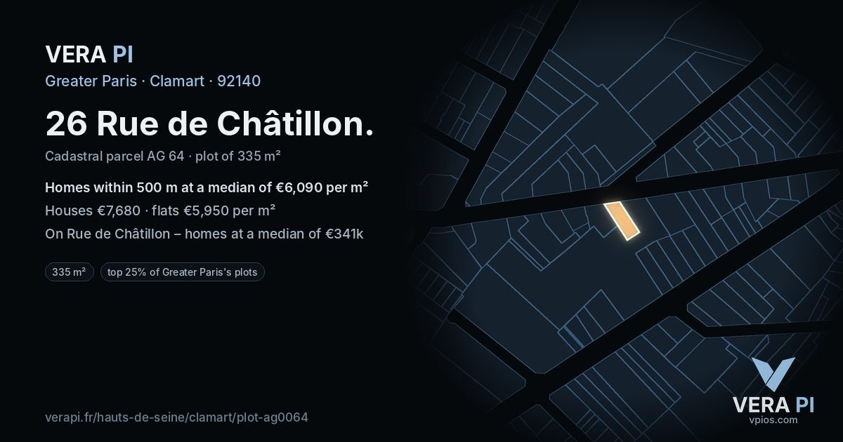 26 Rue de Châtillon, Clamart at night – the plot lit, the parcels around coloured by the prices near them