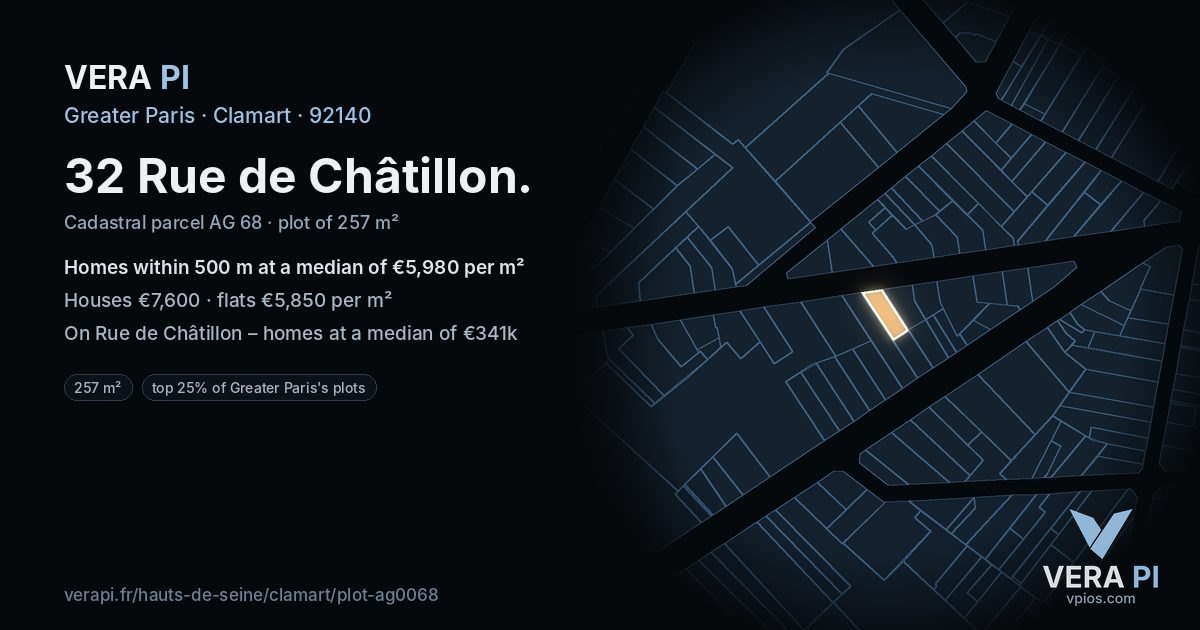 32 Rue de Châtillon, Clamart at night – the plot lit, the parcels around coloured by the prices near them