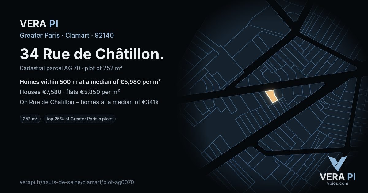 34 Rue de Châtillon, Clamart at night – the plot lit, the parcels around coloured by the prices near them
