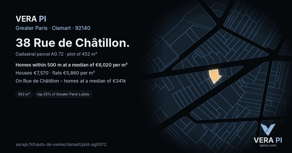 38 Rue de Châtillon, Clamart at night – the plot lit, the parcels around coloured by the prices near them