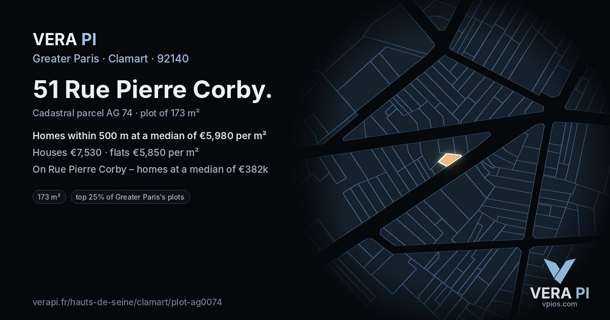 51 Rue Pierre Corby, Clamart at night – the plot lit, the parcels around coloured by the prices near them
