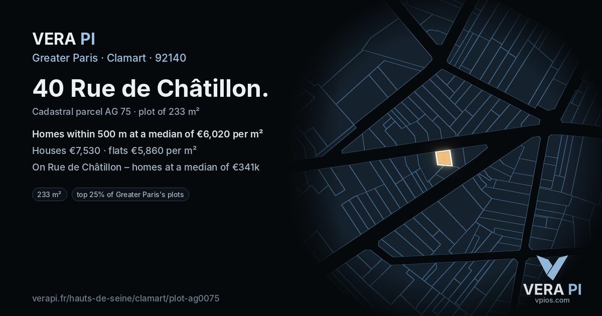 40 Rue de Châtillon, Clamart at night – the plot lit, the parcels around coloured by the prices near them