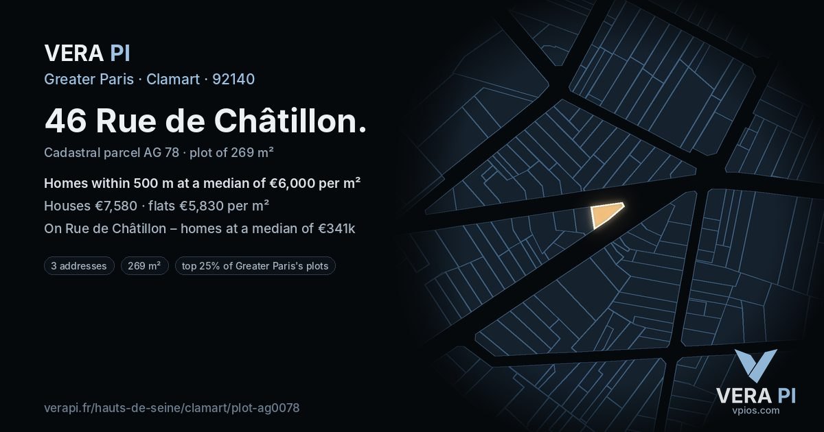46 Rue de Châtillon, Clamart at night – the plot lit, the parcels around coloured by the prices near them