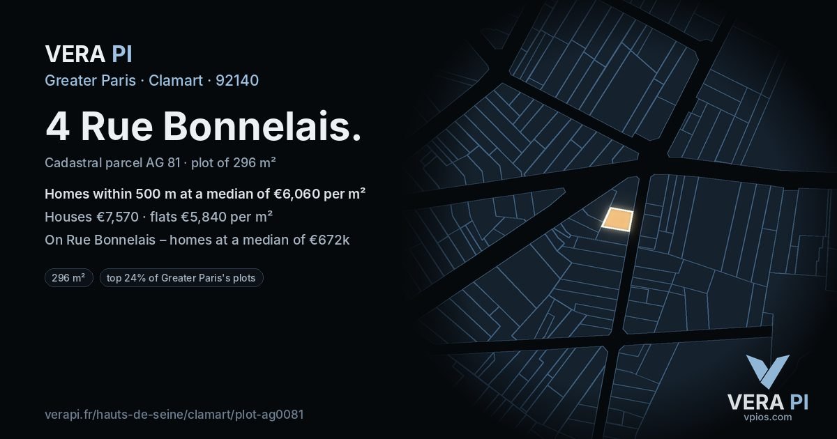 4 Rue Bonnelais, Clamart at night – the plot lit, the parcels around coloured by the prices near them
