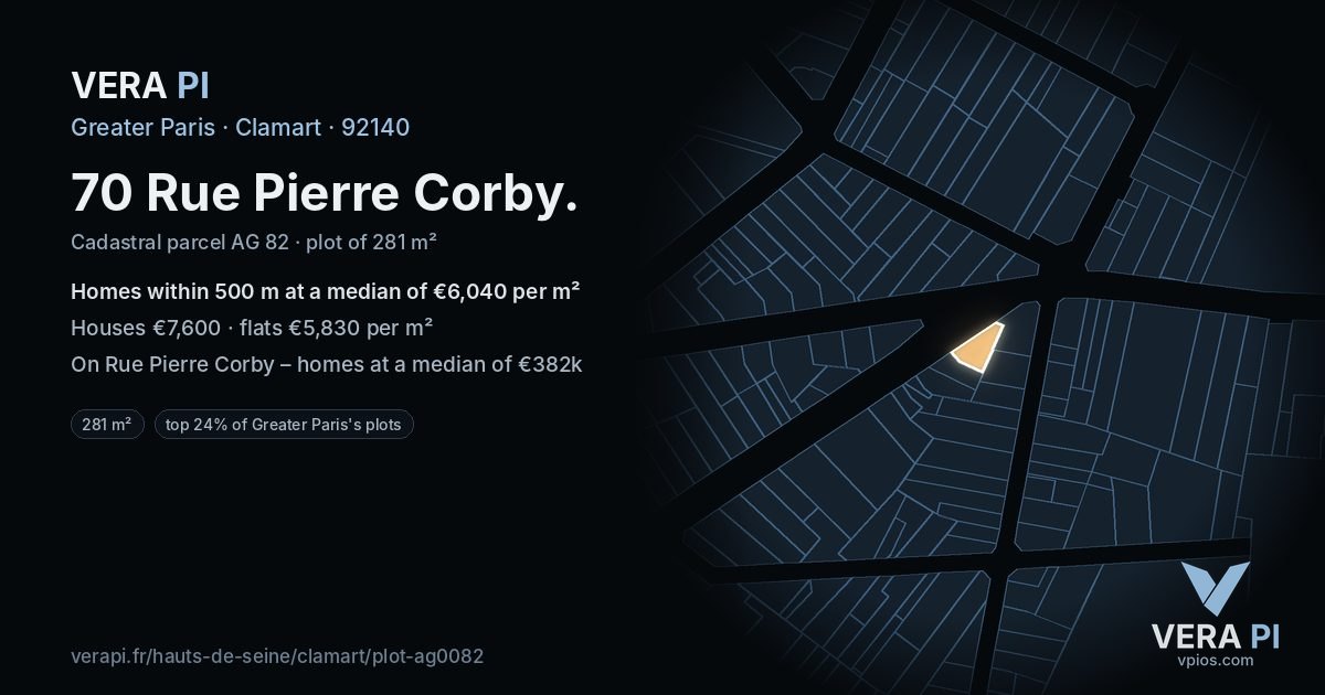 70 Rue Pierre Corby, Clamart at night – the plot lit, the parcels around coloured by the prices near them